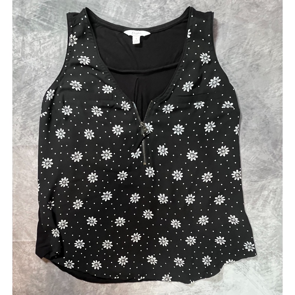 Candies Tank Top Womens S Black Floral Daisy Polka Dot Front Zip V-Neck Casual